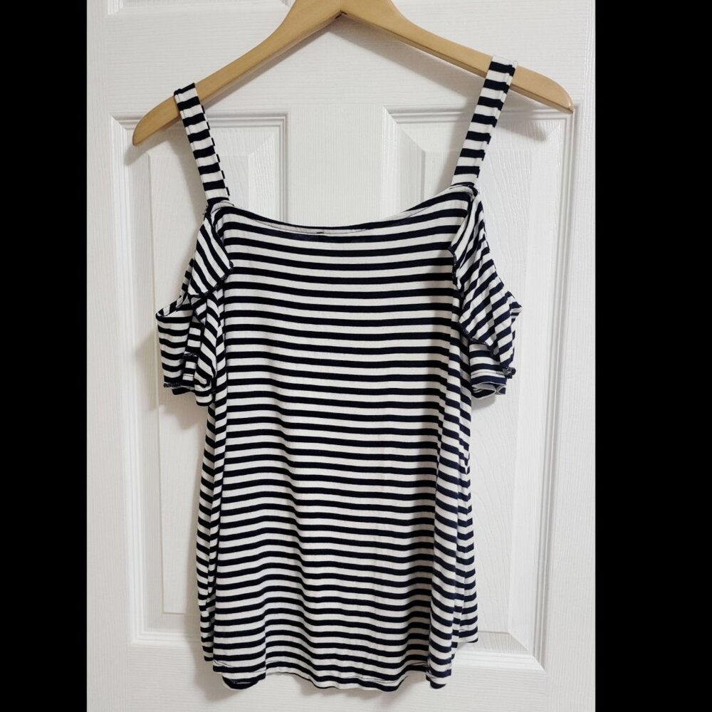 🌿Navy & White Stripe Ruffle Cold Shoulder Top - Women's Large by Cable & Gauge - Picture 7 of 10